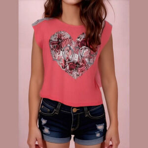 Beautees Pink Short Sleeve Tee with Floral Heart Design